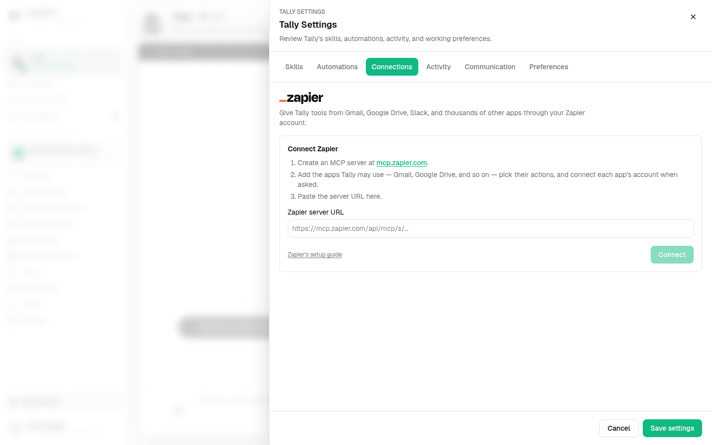 LedgerHQ Tally Settings panel open on the Connections tab showing the Zapier wordmark and the Connect Zapier setup card