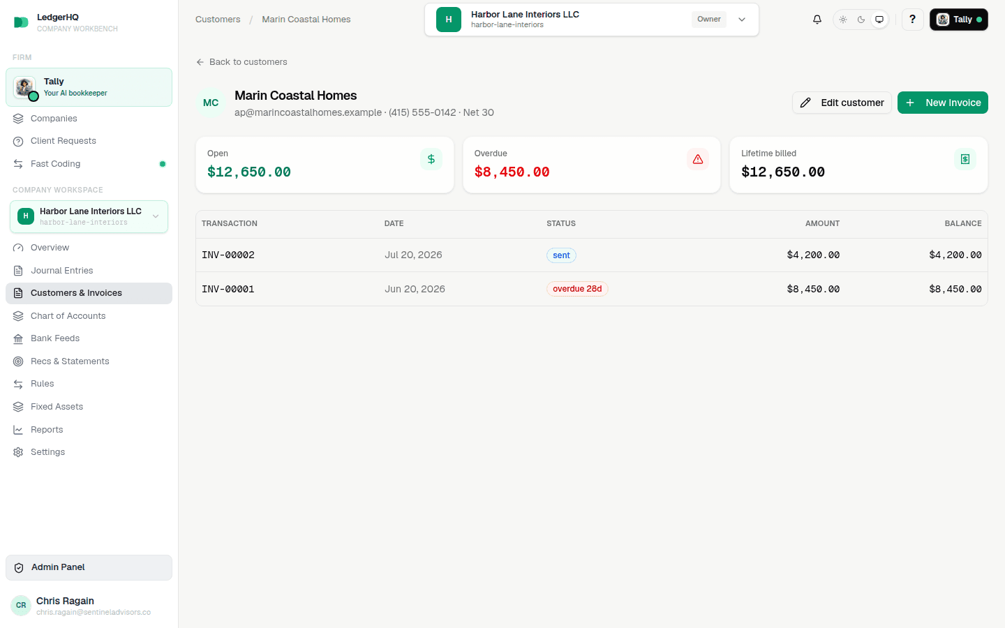 LedgerHQ customer detail page showing Open, Overdue, and Lifetime billed cards above a merged invoice and payment timeline