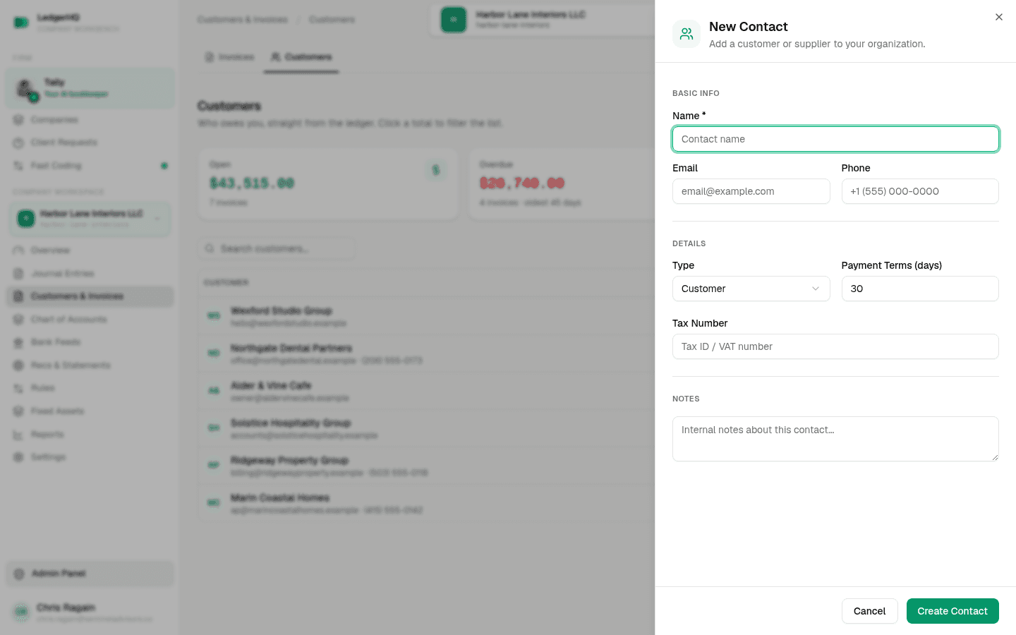 LedgerHQ New Contact drawer opened from the Customers tab