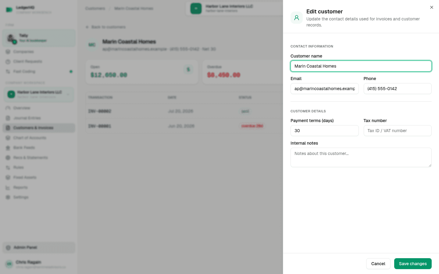 LedgerHQ Edit customer panel with name, email, phone, payment terms, TaxID, and internal notes fields