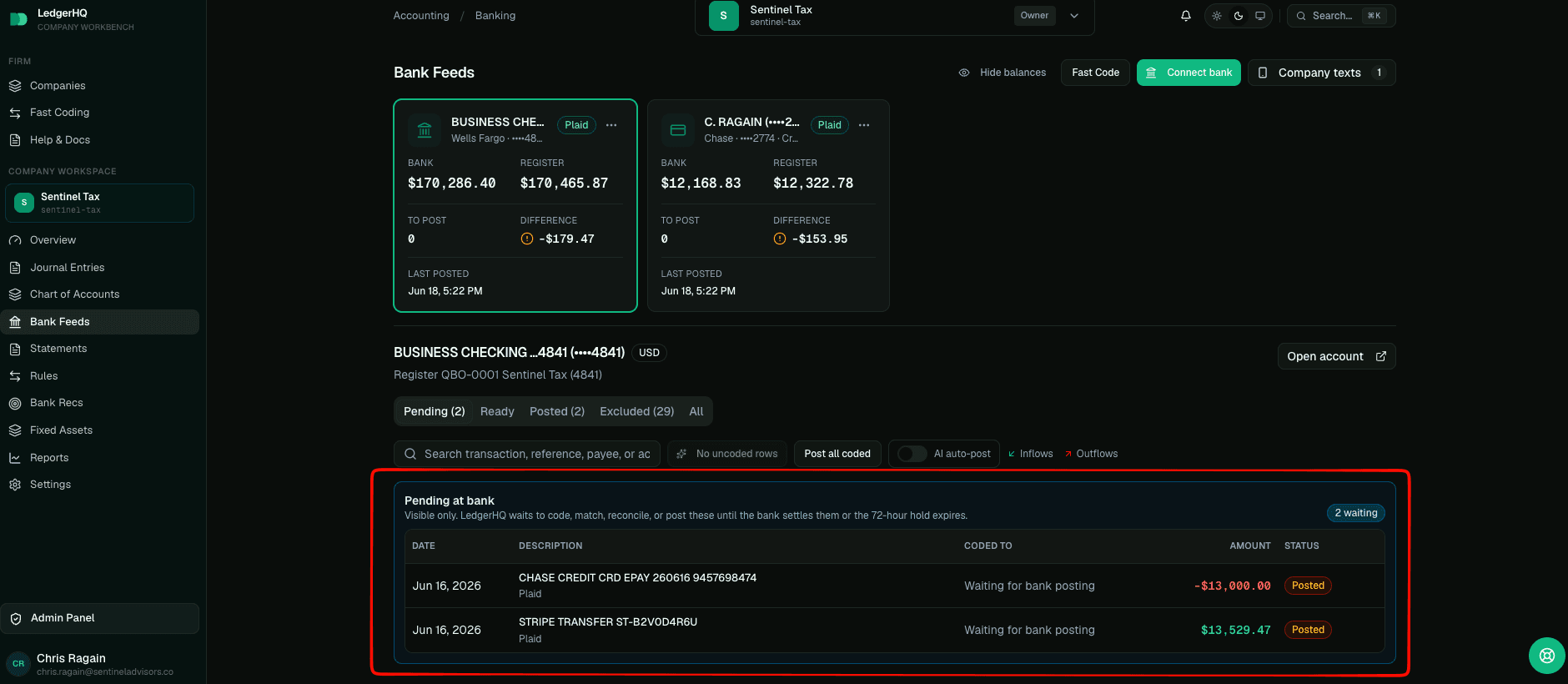 LedgerHQ Bank Feeds pending-at-bank section with held transactions visible