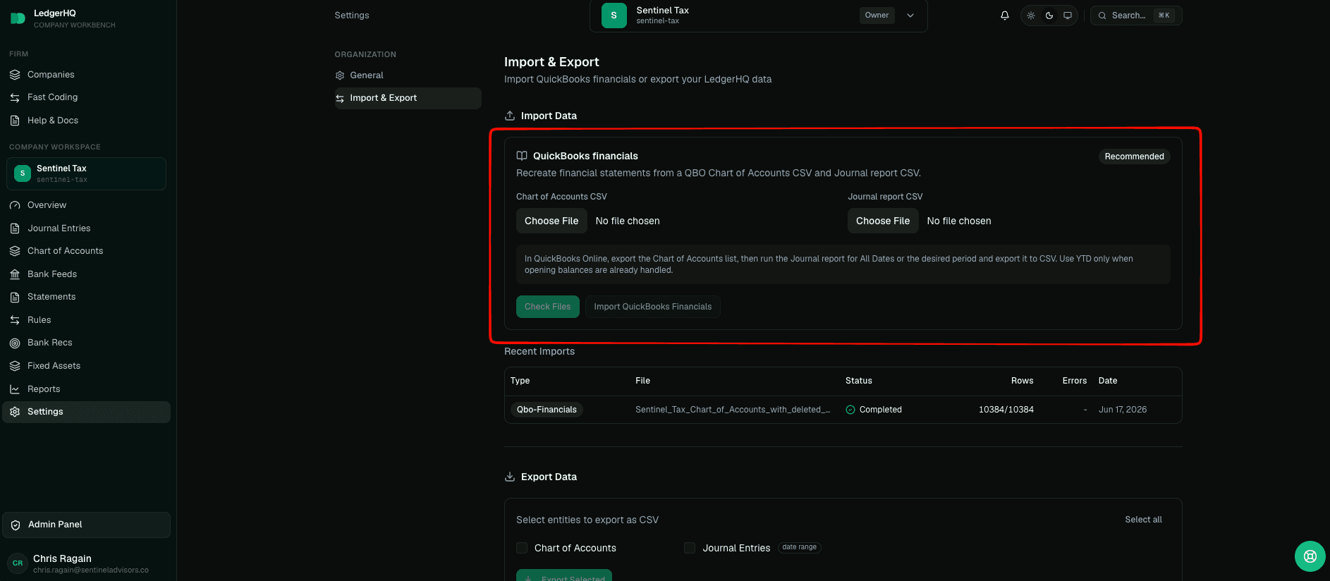 LedgerHQ Import & Export page with the QuickBooks financials file inputs highlighted