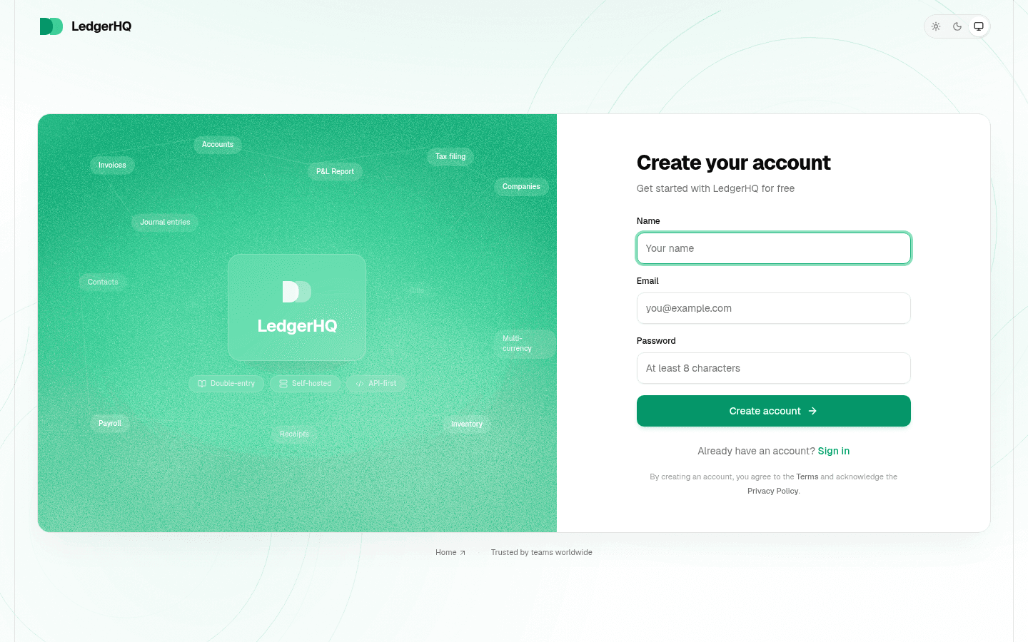 LedgerHQ Create your account page with name, email, password, and Create account controls