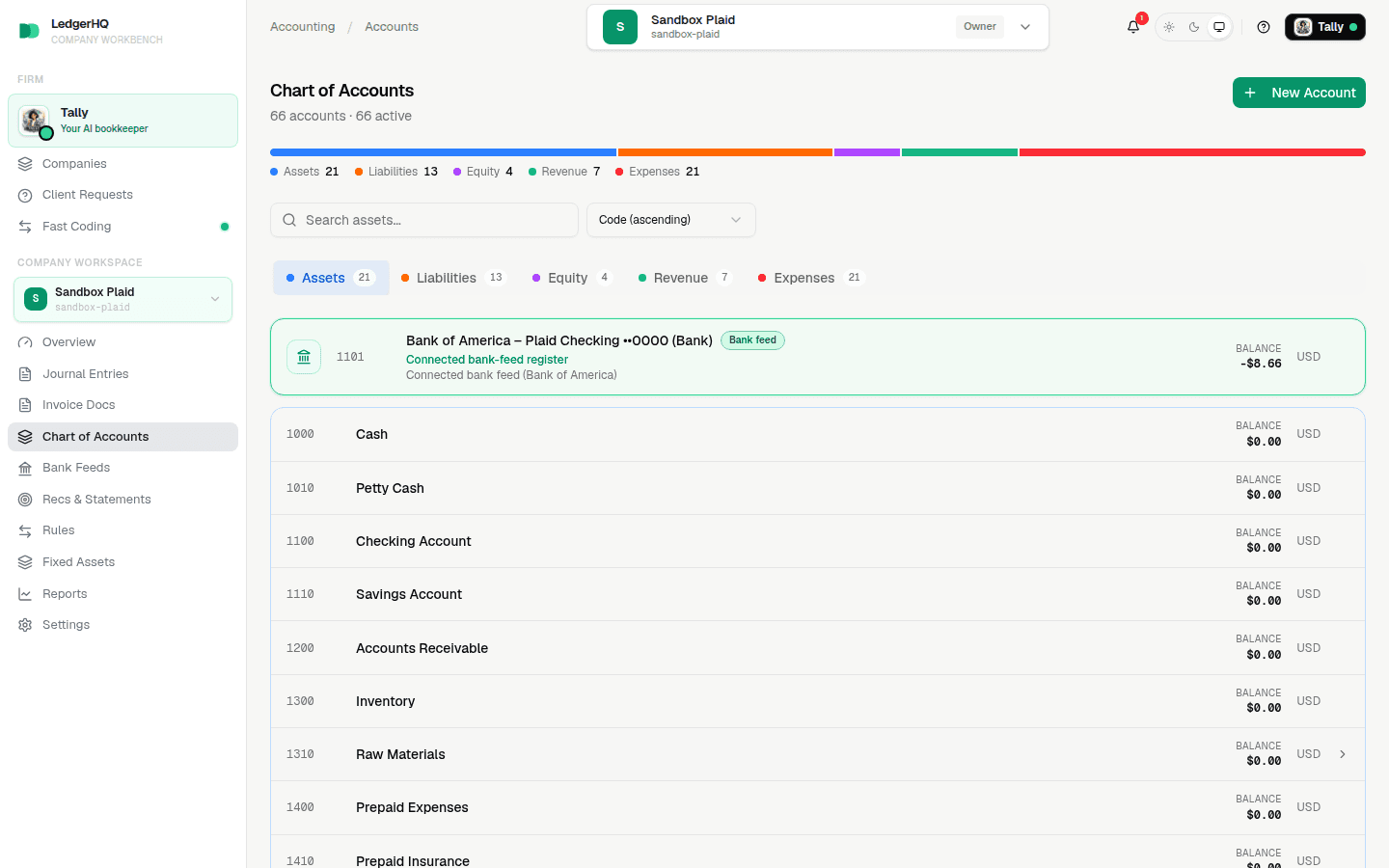 Sandbox Plaid Chart of Accounts after company setup, showing the standard account workspace