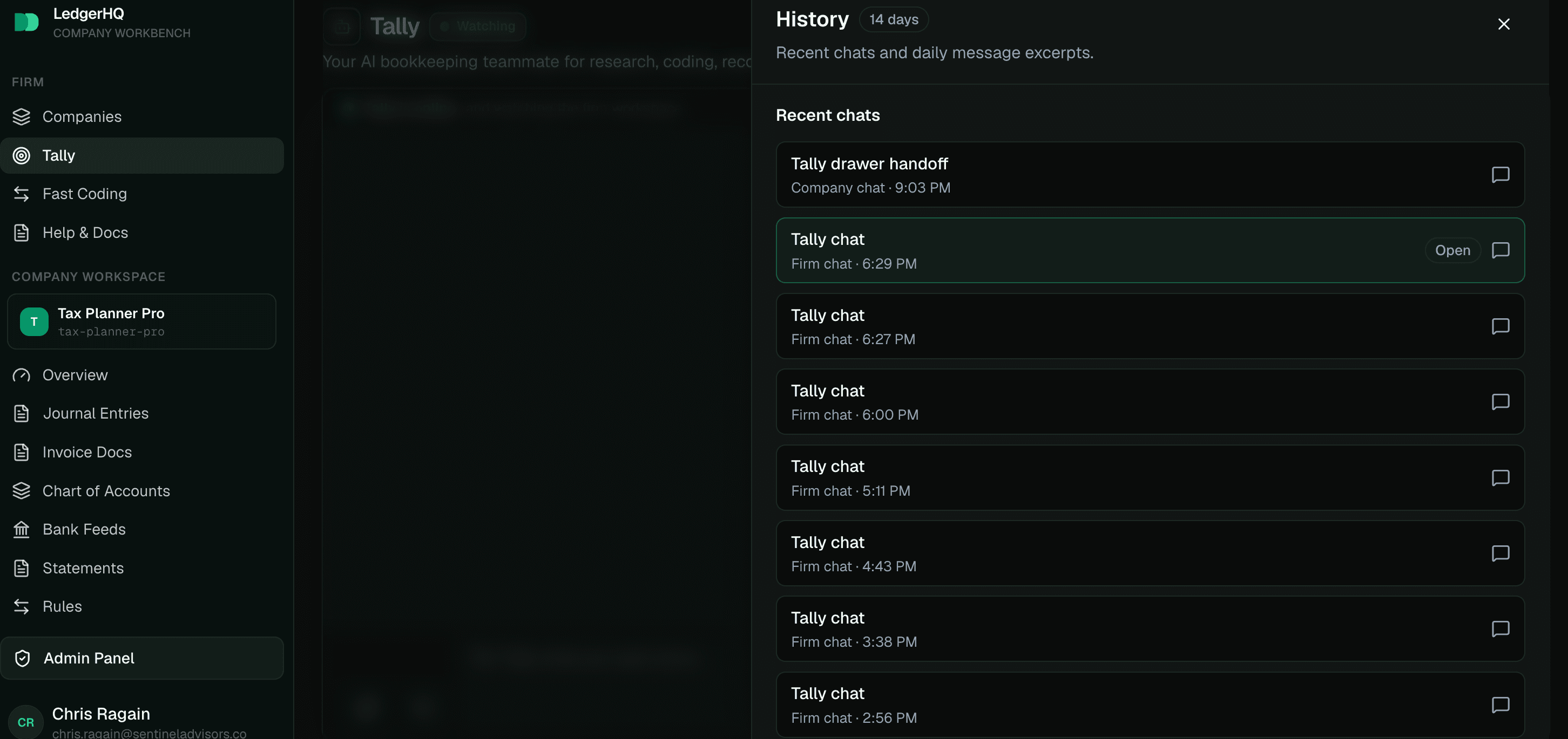 LedgerHQ Tally History drawer with recent chats and daily message excerpts