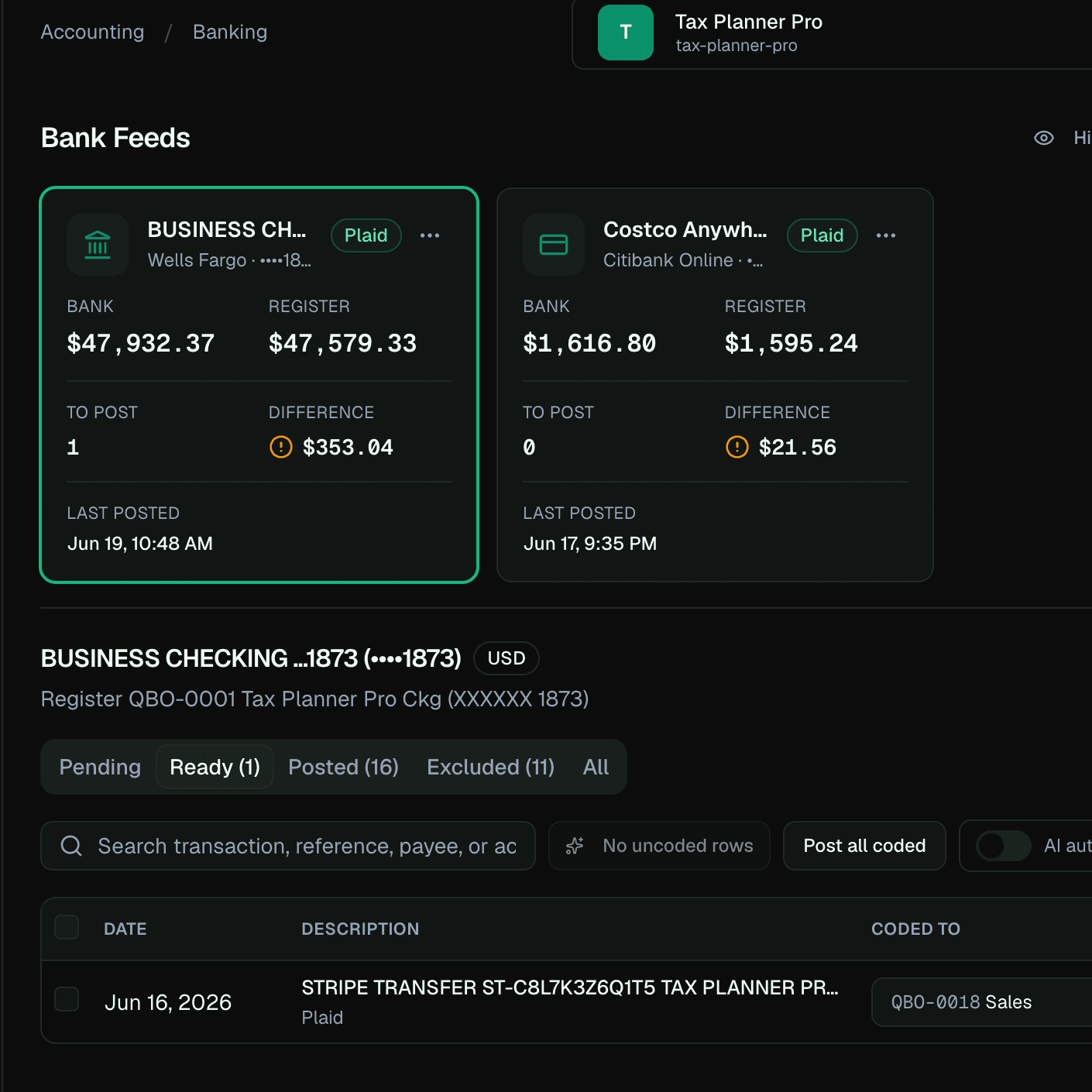 LedgerHQ Bank Feeds page with bank account cards and a ready-to-post transaction row