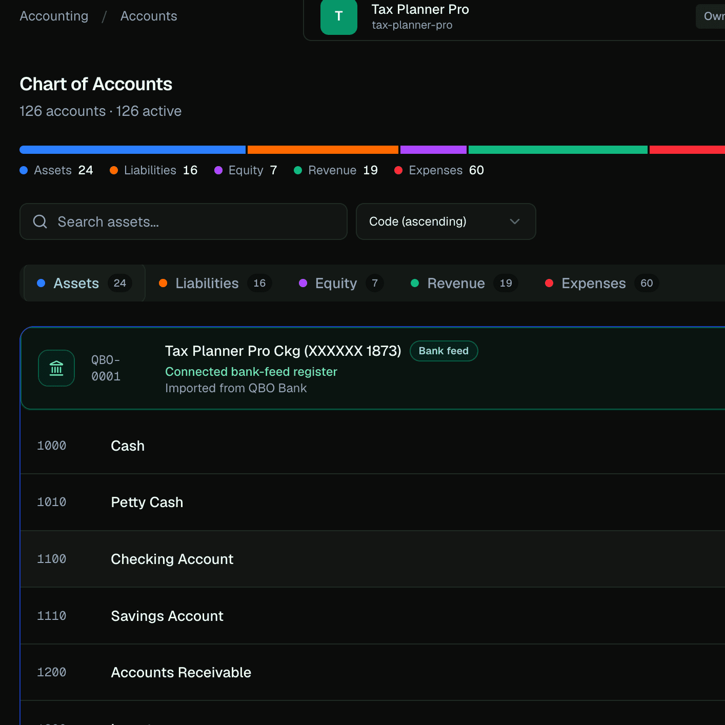 LedgerHQ Chart of Accounts page with account category counts and account rows