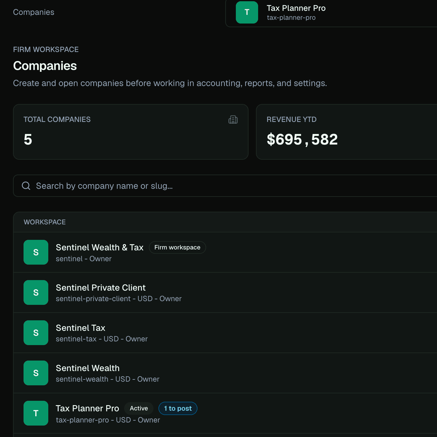 LedgerHQ Companies page with firm workspace summary cards and company list
