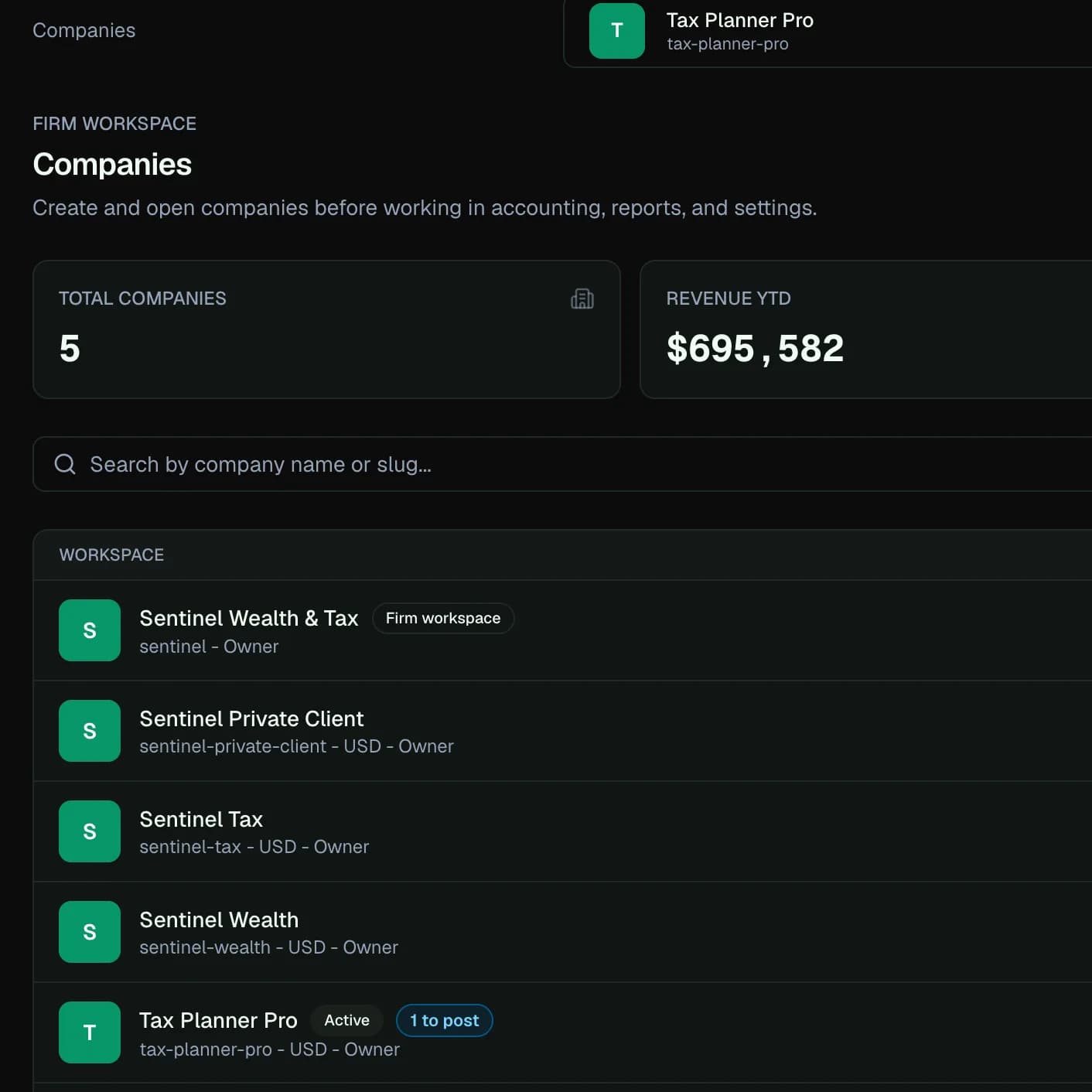 LedgerHQ firm Companies workspace with company status and bookkeeping context