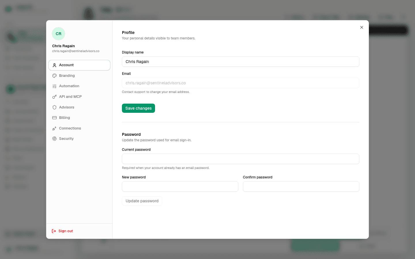 LedgerHQ account dialog open to the Account tab, showing the left sidebar of tabs and the profile fields