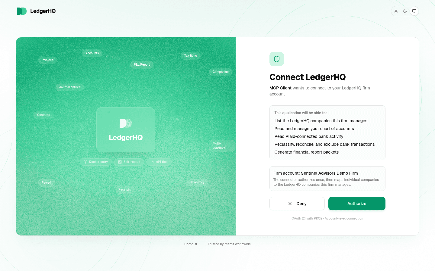 LedgerHQ Connect LedgerHQ authorize screen listing the granted capabilities, the firm account picker, and the Deny and Authorize buttons
