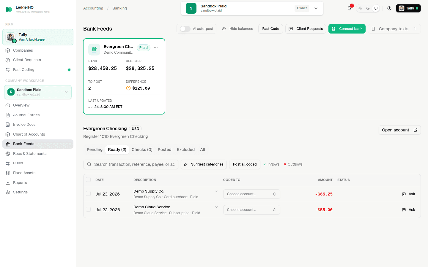 Bank Feeds with Connect bank and a healthy fictional account visible