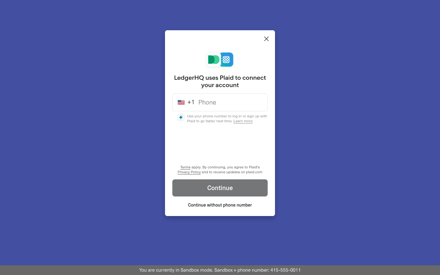 Plaid Link sandbox handoff before any phone number or credentials are entered