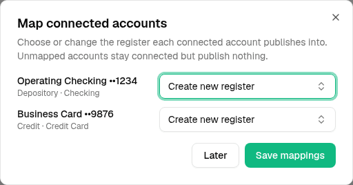 Fictional Plaid return showing checking and card accounts ready to map