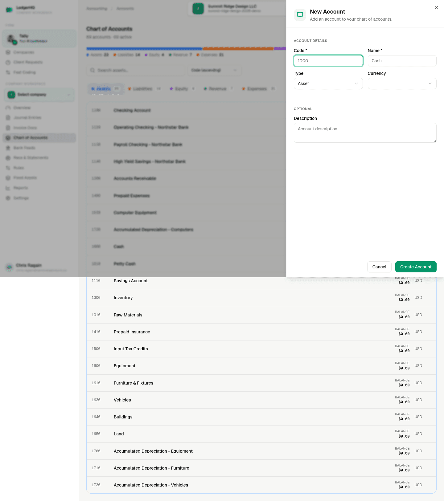 LedgerHQ New Account drawer showing Code, Name, Type, Currency, and Description fields