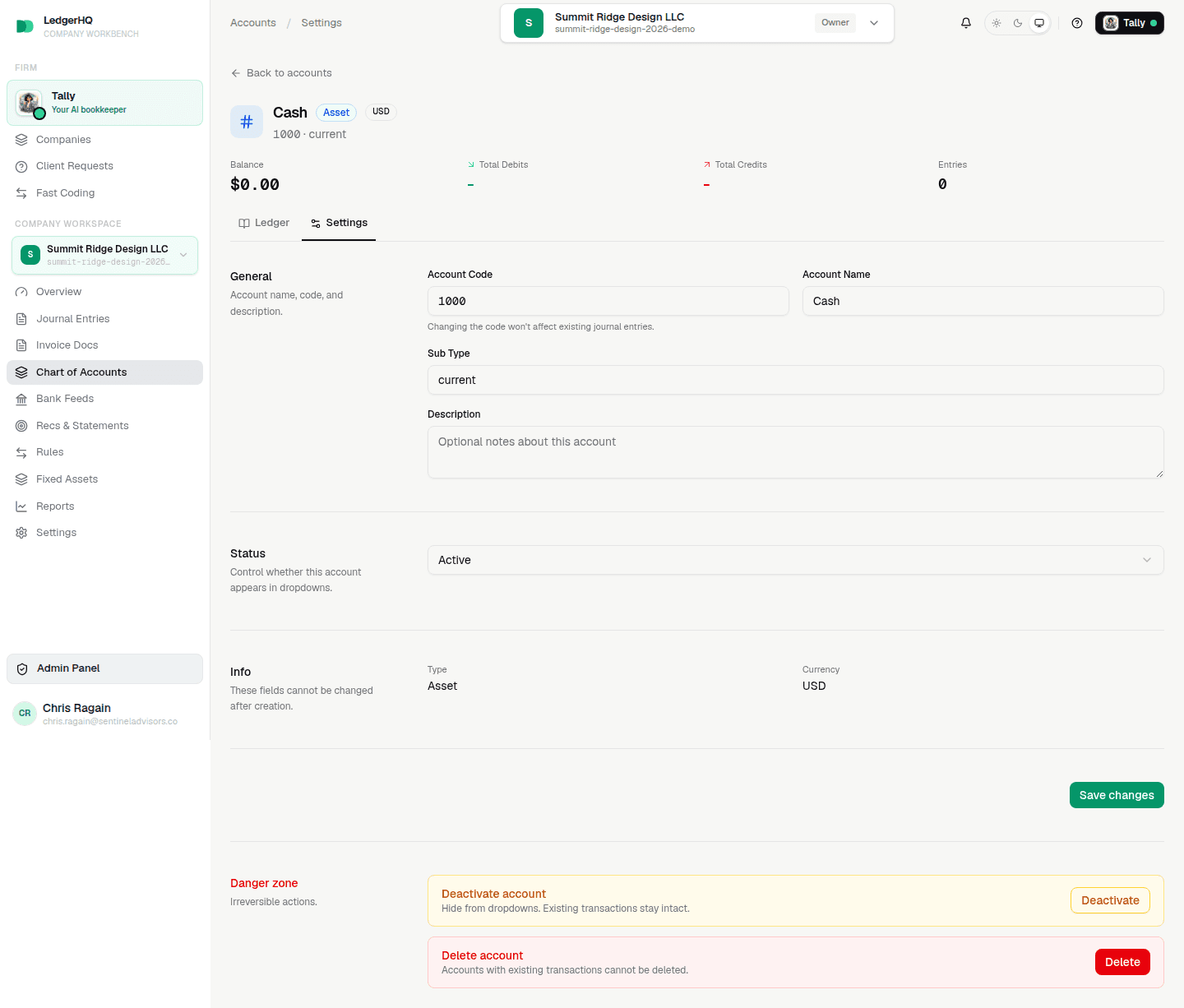 LedgerHQ account Settings tab with the General, Status, Info, and Danger zone sections