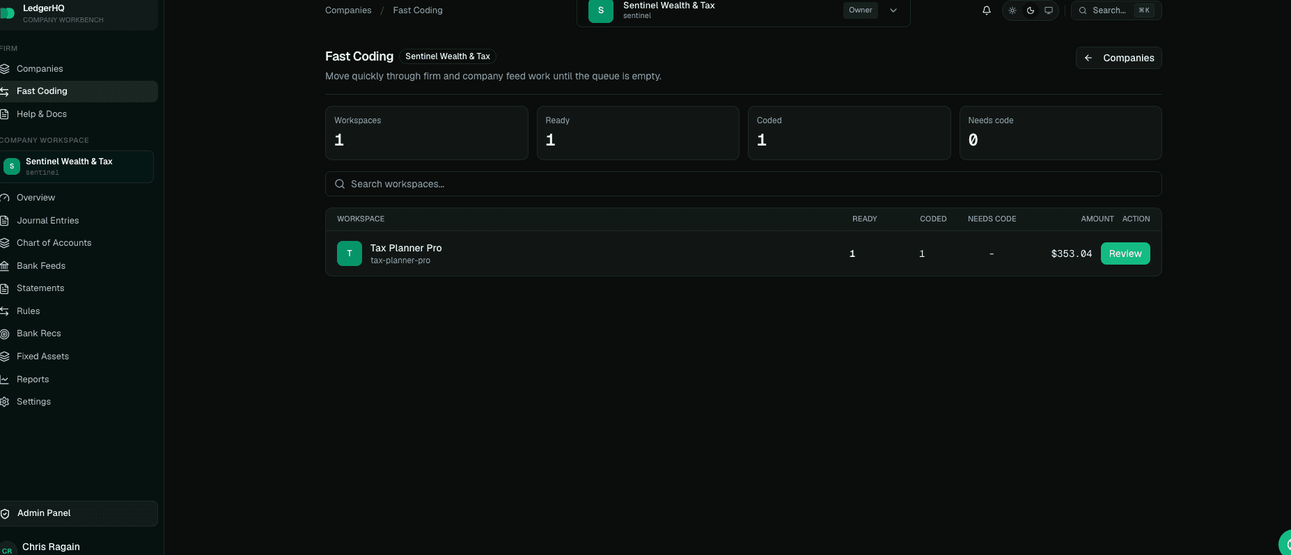 LedgerHQ Fast Coding company queue with ready, coded, and needs-code counts