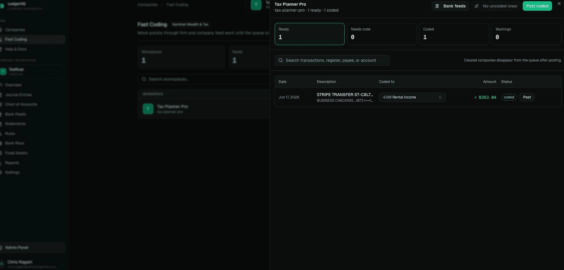 LedgerHQ Fast Coding transaction drawer with coding controls and Post coded action