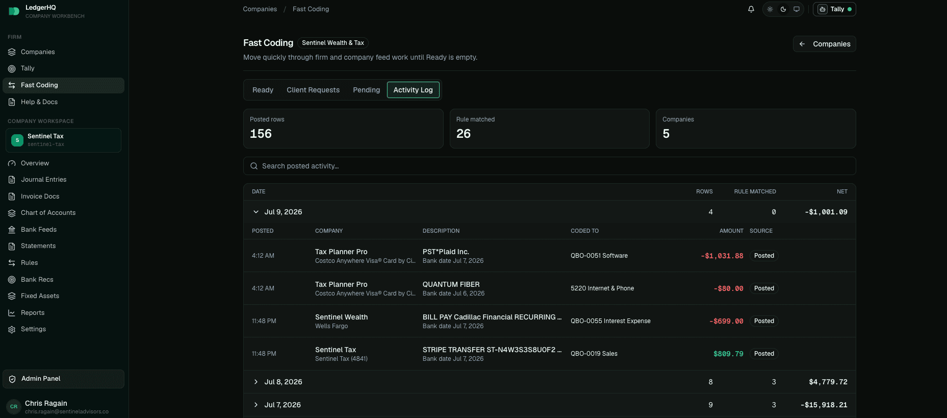 LedgerHQ Fast Coding Activity Log grouped by posting date with posted rows and rule matched counts
