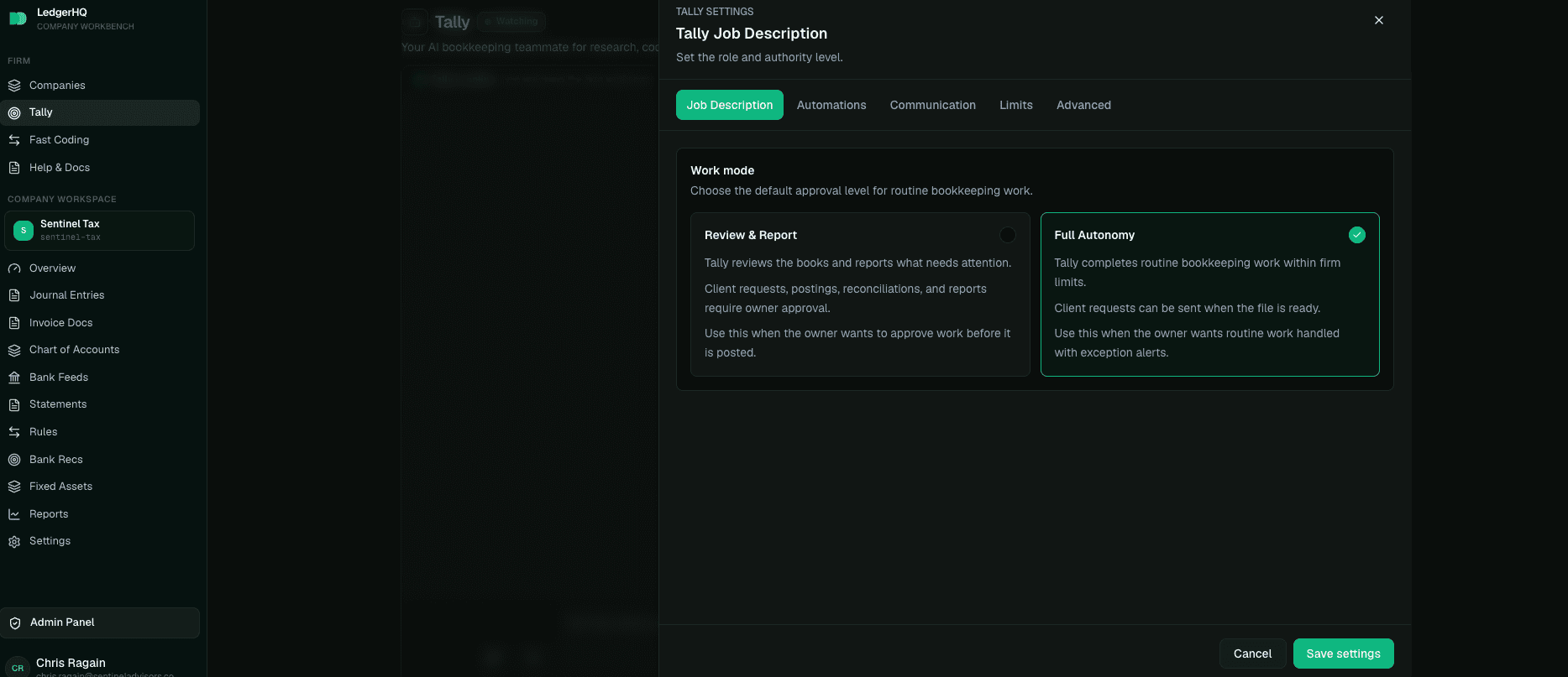 LedgerHQ Tally settings panel showing work mode options for Review & Report and Full Autonomy