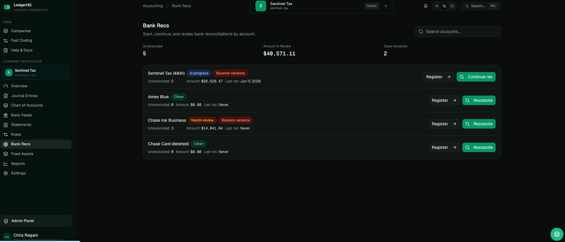LedgerHQ Bank Recs account list showing imported bank and credit card registers