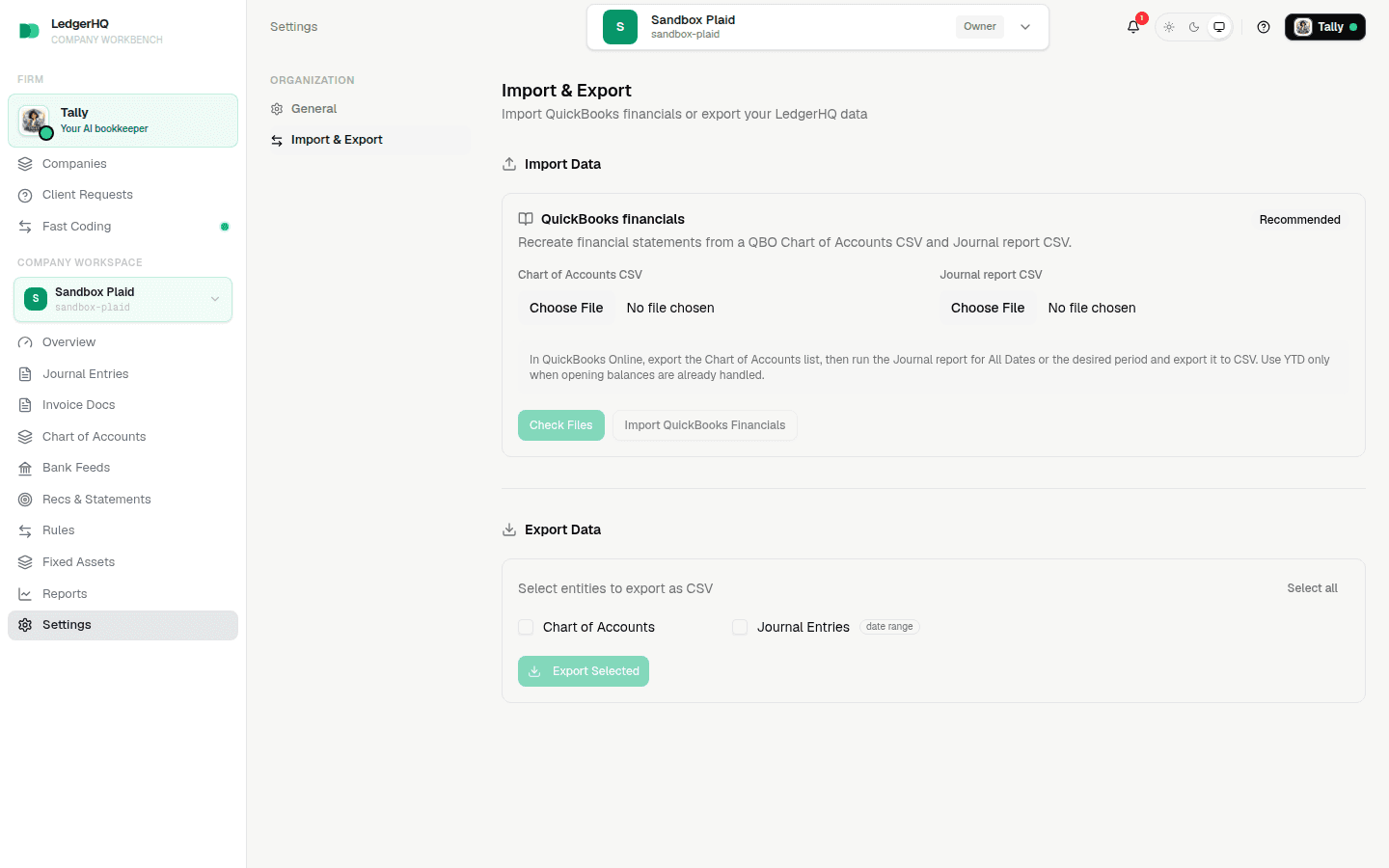 QuickBooks financials card before the two CSV files are selected
