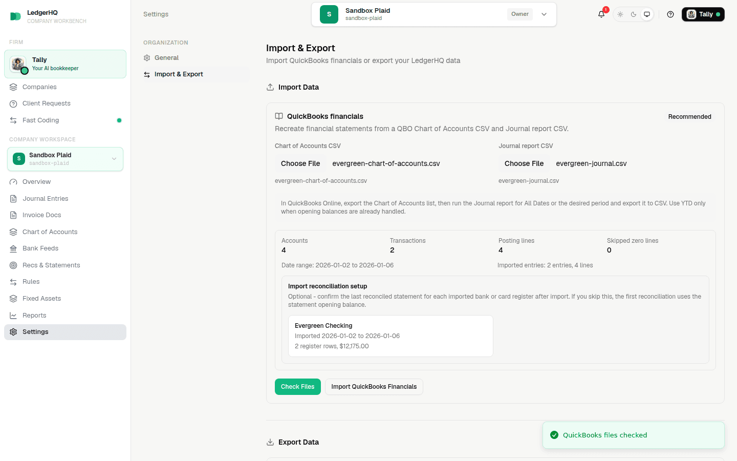 Clean fictional QuickBooks preview with counts, date range, and reconciliation setup
