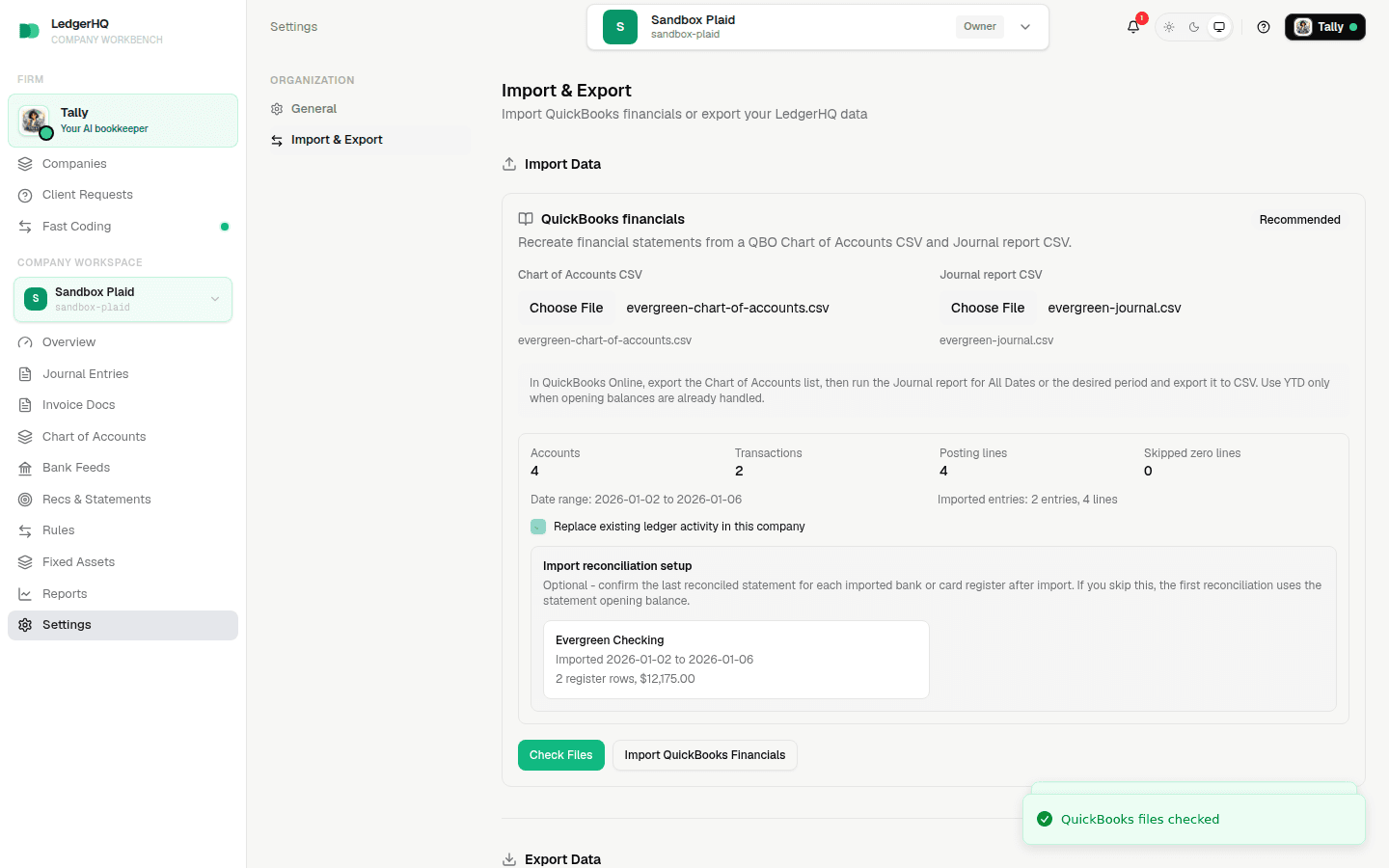 Replacement confirmation selected for a fictional company with existing ledger activity