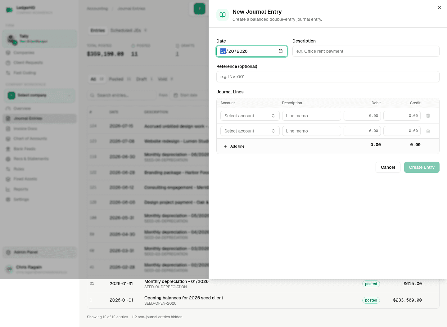 LedgerHQ New Journal Entry drawer with the lines table and the running debit and credit totals