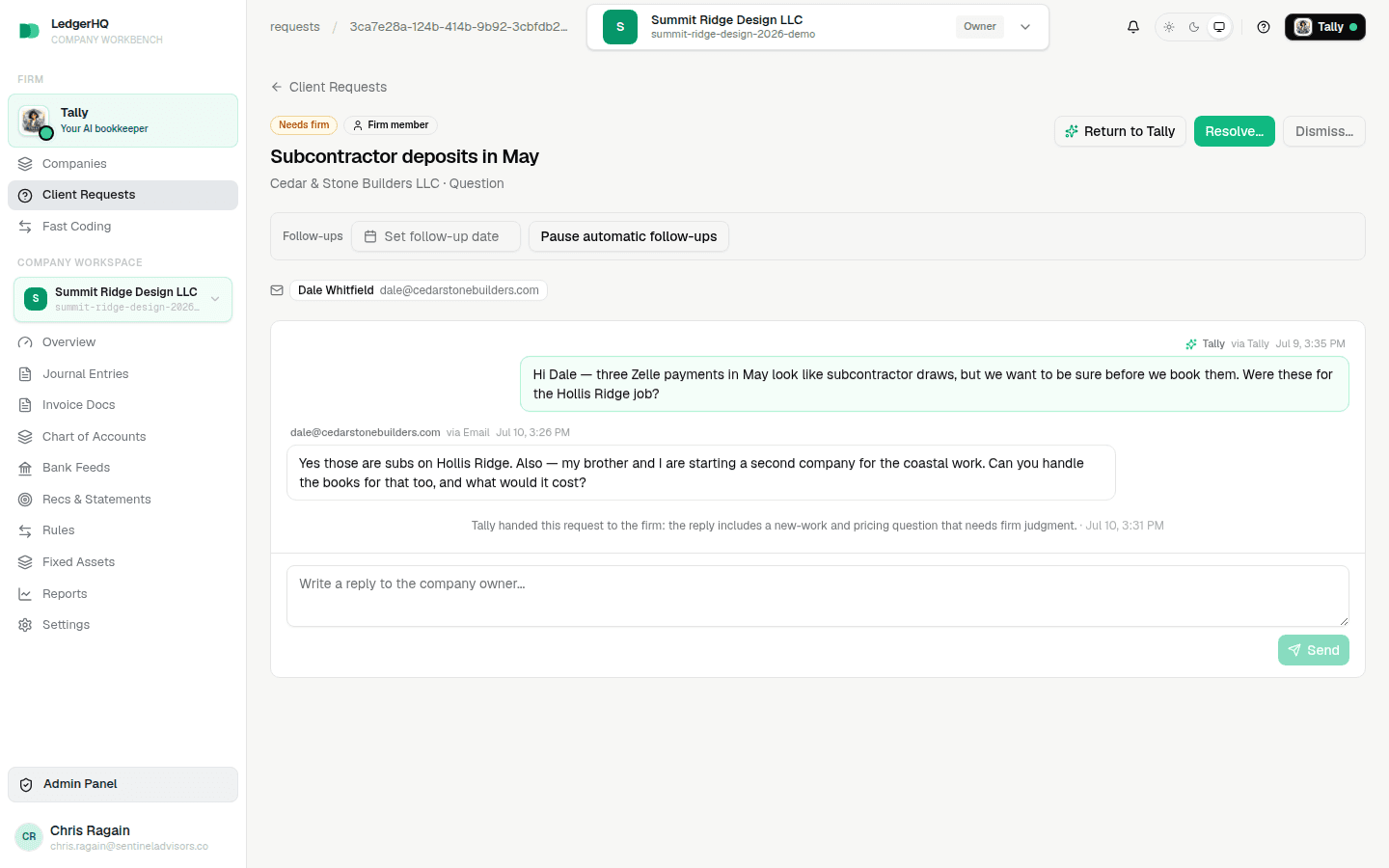 LedgerHQ Client Requests thread showing a firm question and the owner's threaded reply