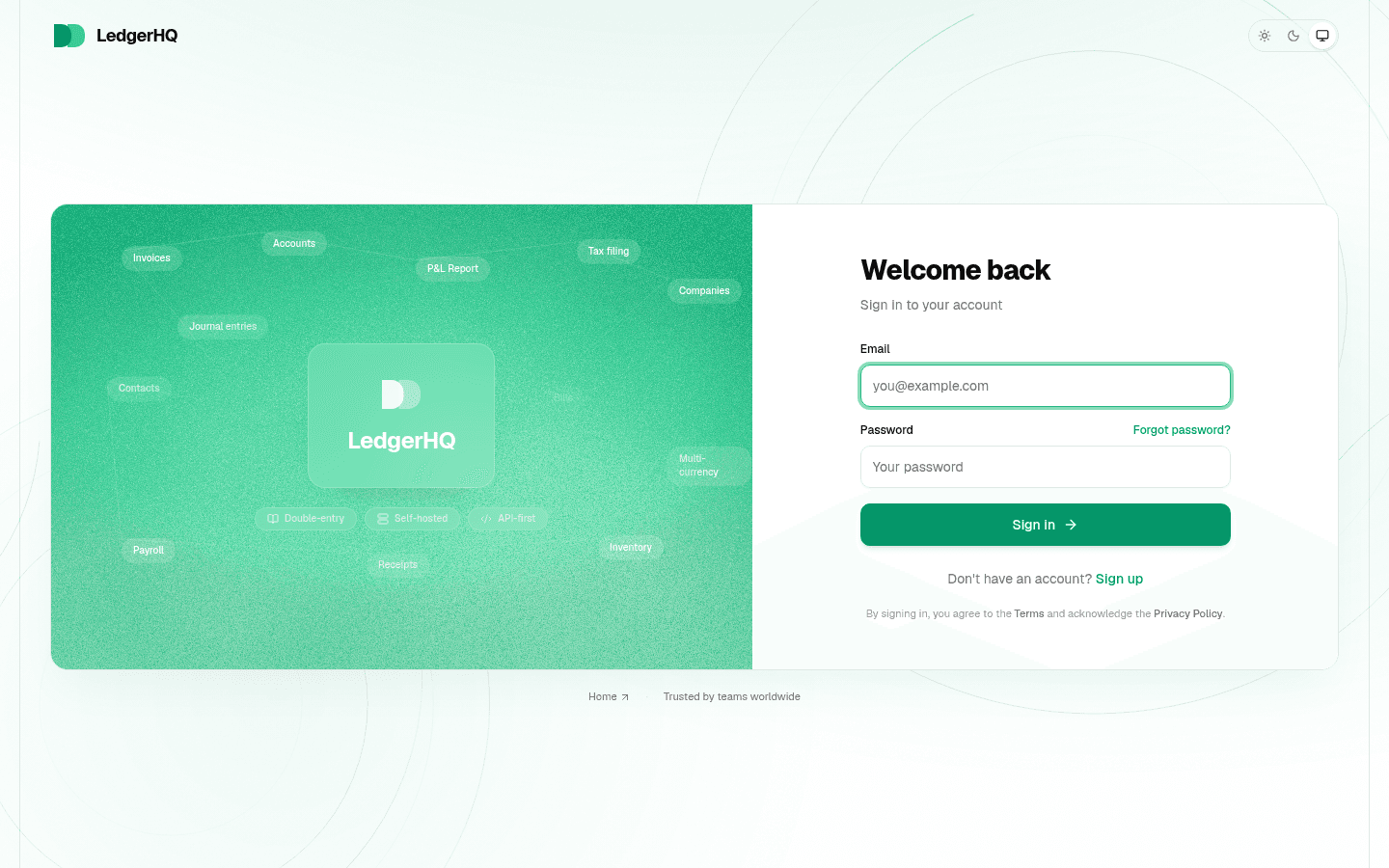 LedgerHQ sign-in screen with email and password fields and optional Google and Apple buttons