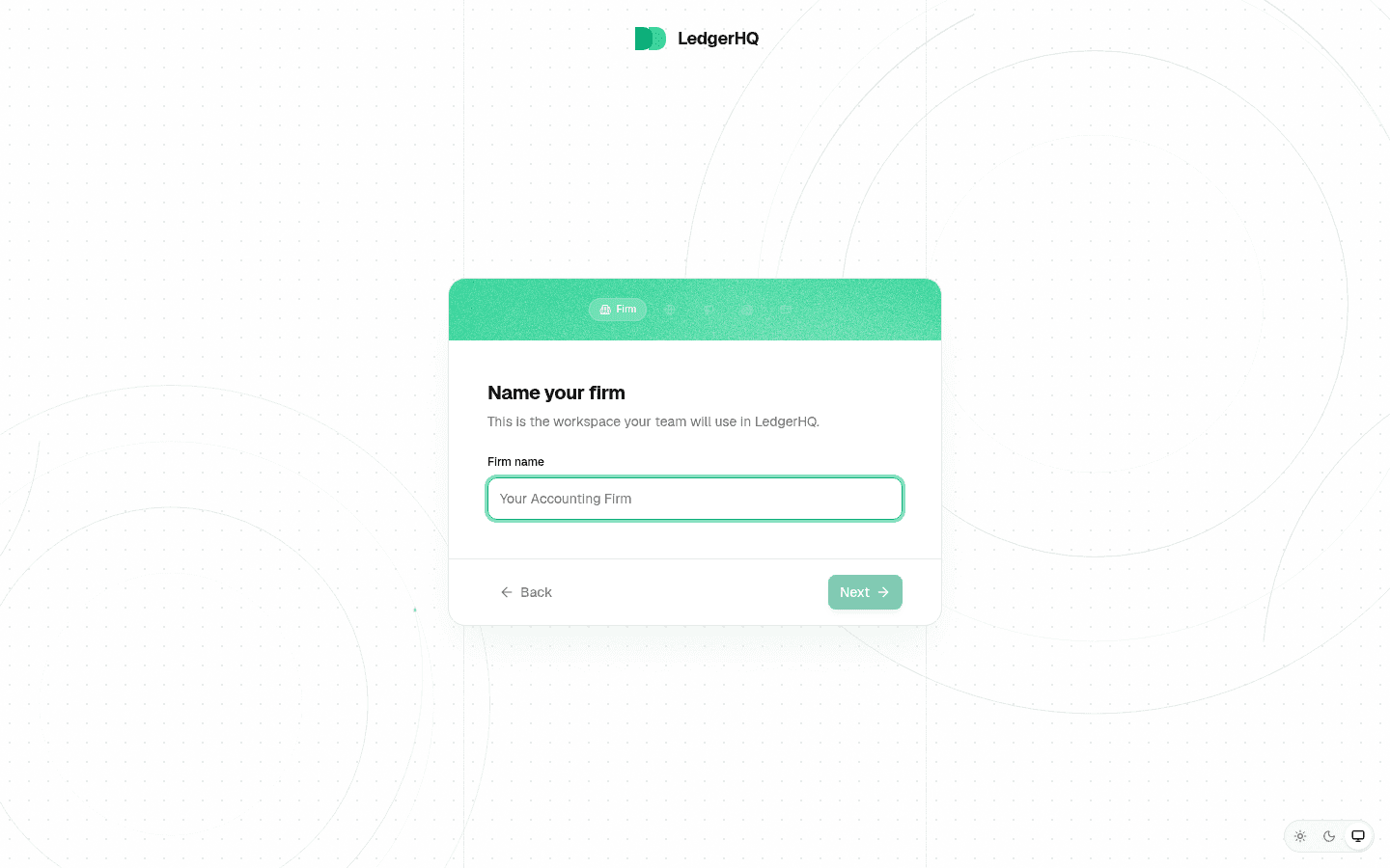 LedgerHQ onboarding wizard first step, Name your firm, with the five step pills across the top