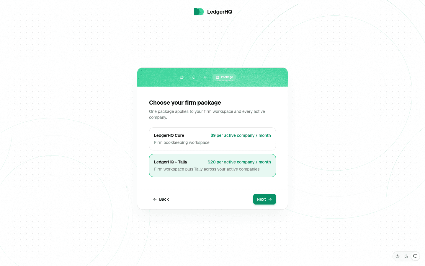 LedgerHQ onboarding Package step showing LedgerHQ Core and LedgerHQ plus Tally options