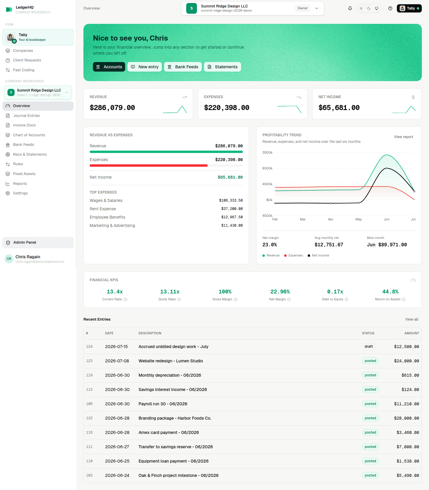 LedgerHQ company Overview dashboard with the Revenue, Expenses, and Net Income cards above the profitability trend