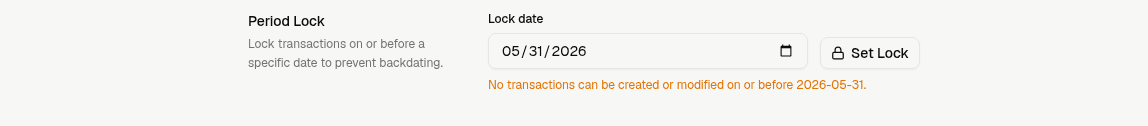 LedgerHQ Period Lock section with a suggested lock date and the Lock date input