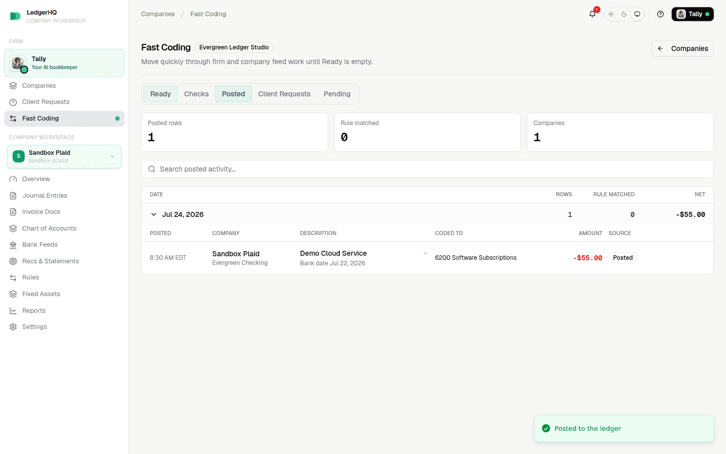 Fast Coding Posted activity showing the single transaction and its coded account