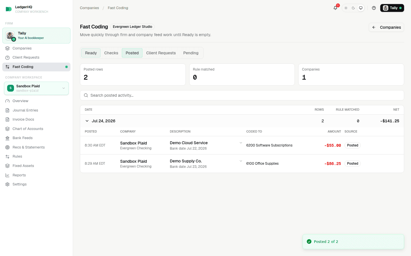 Fast Coding Posted activity with the two transactions from the completed batch