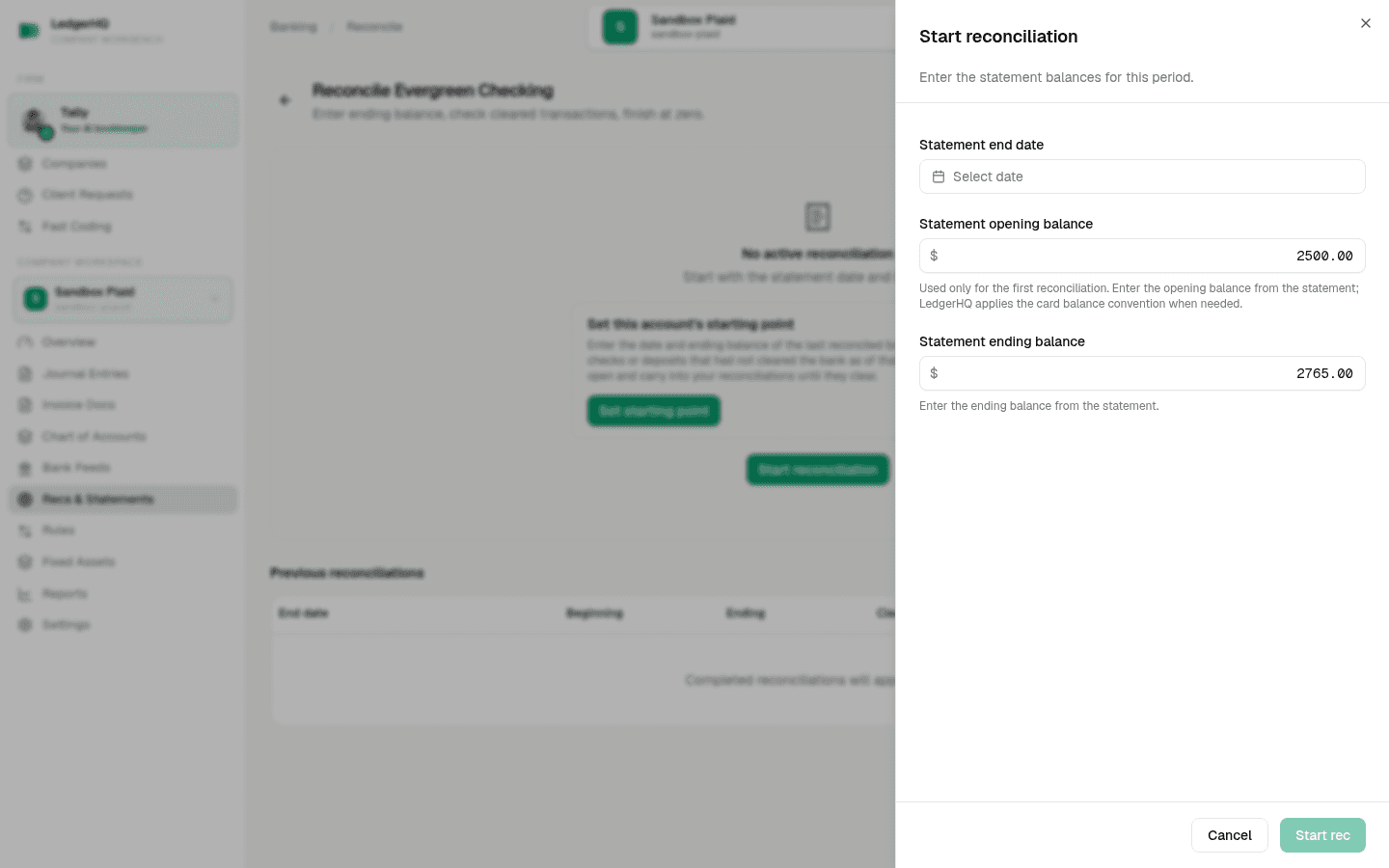 The first Start reconciliation form with statement date, opening balance, and ending balance