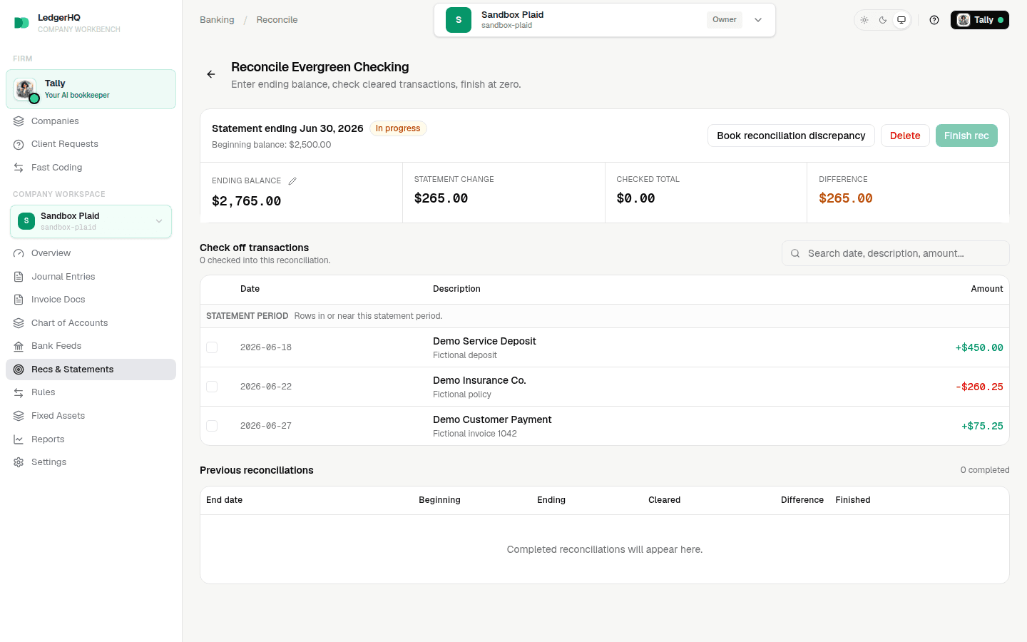 An active reconciliation showing its balance summary and fictional transaction checklist