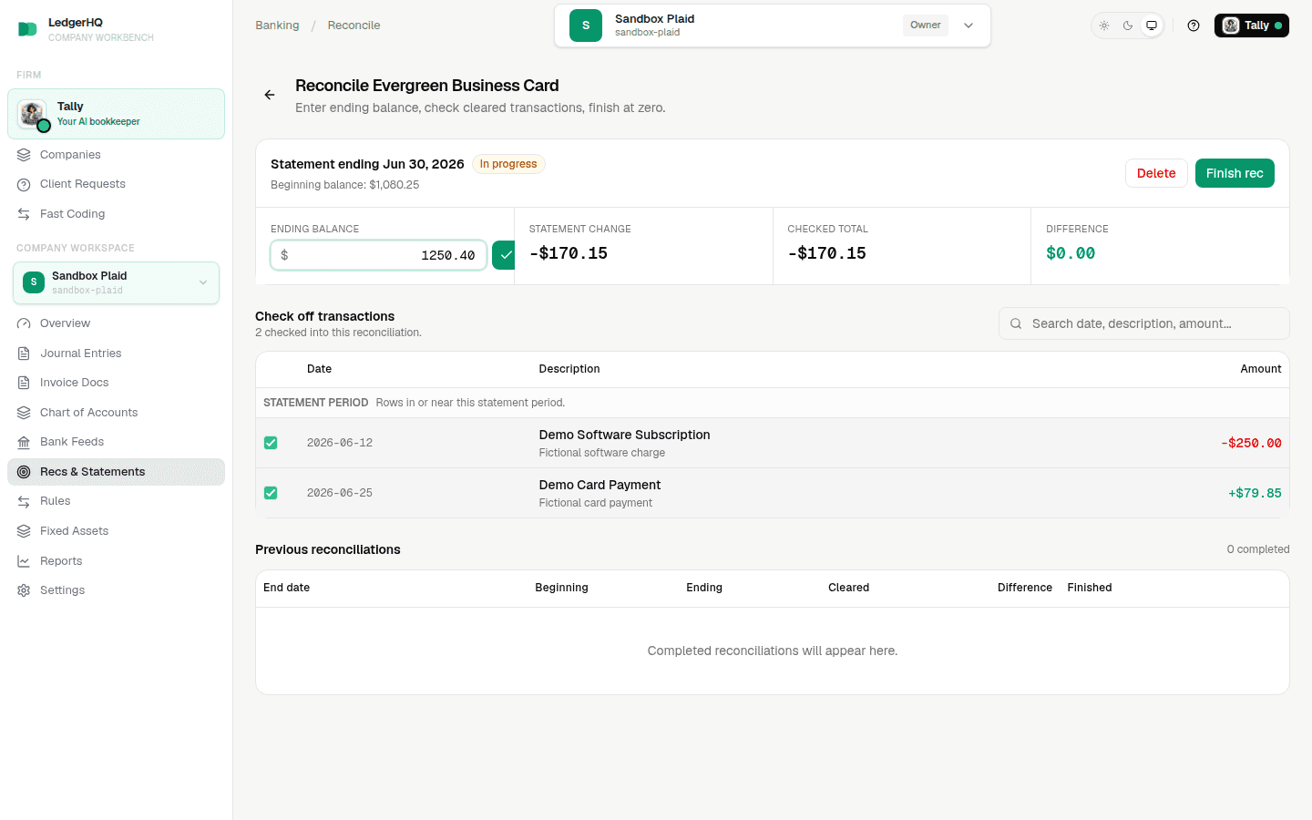 An active credit-card reconciliation editing the positive statement-facing ending balance