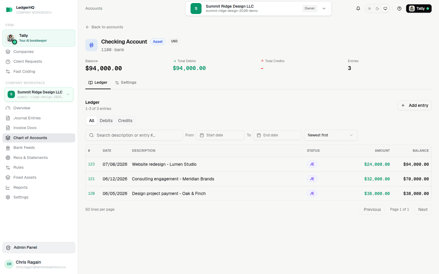 LedgerHQ account register showing dated rows with Debit and Credit amounts and a running Balance column