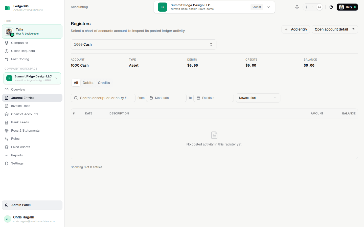 LedgerHQ Registers page with the account picker, summary row, and a connected bank-feed register banner