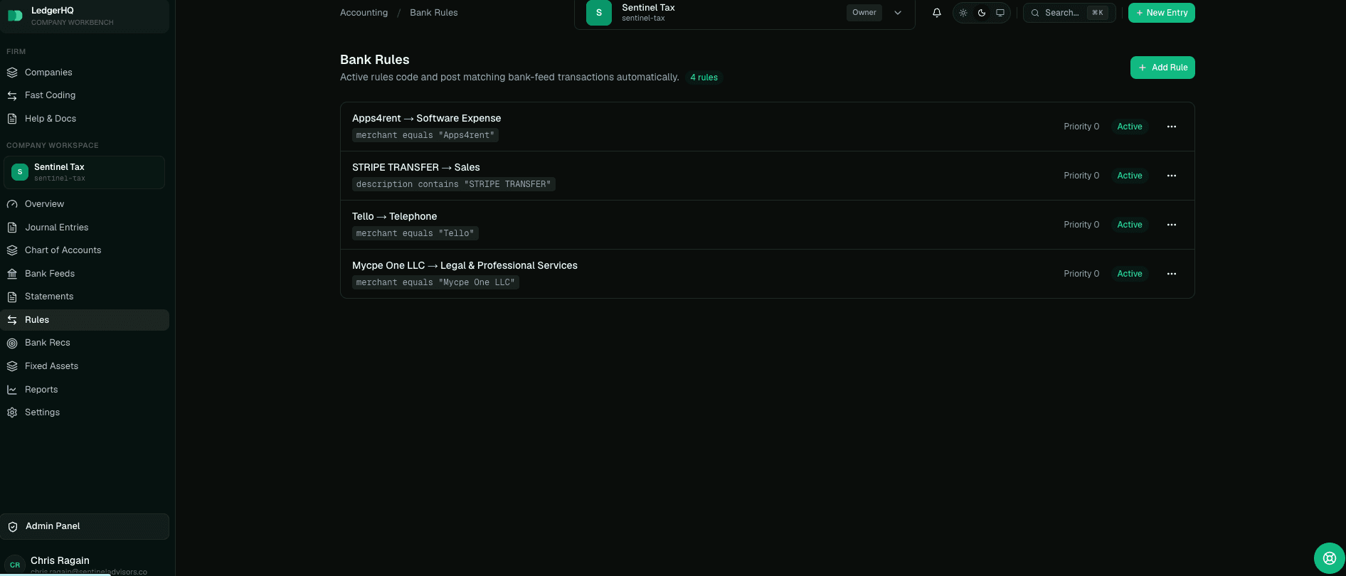 LedgerHQ Bank Rules page with active matching rules and assigned accounts visible