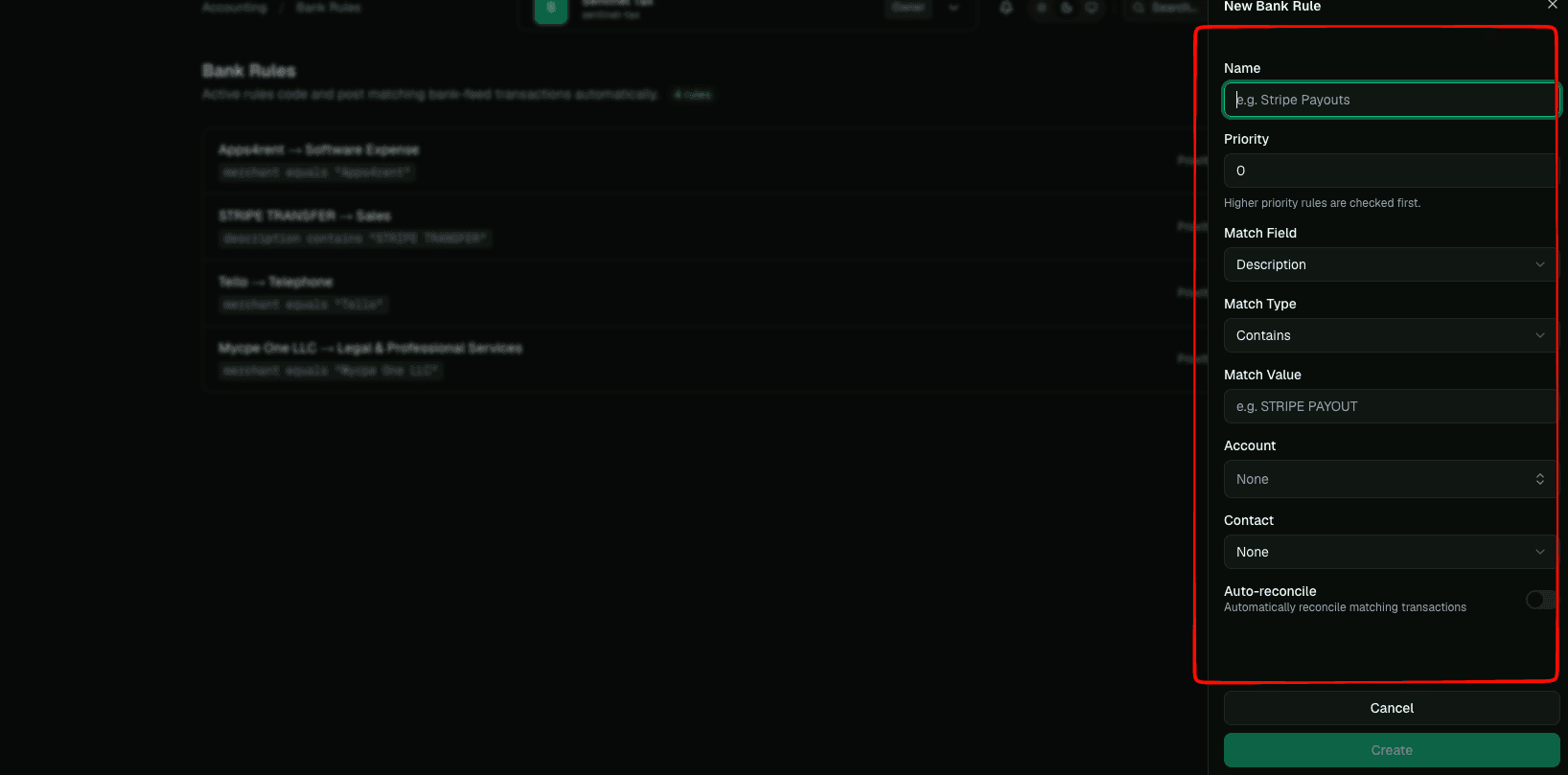 LedgerHQ New Bank Rule sheet with rule name, priority, match settings, account, contact, and auto-reconcile