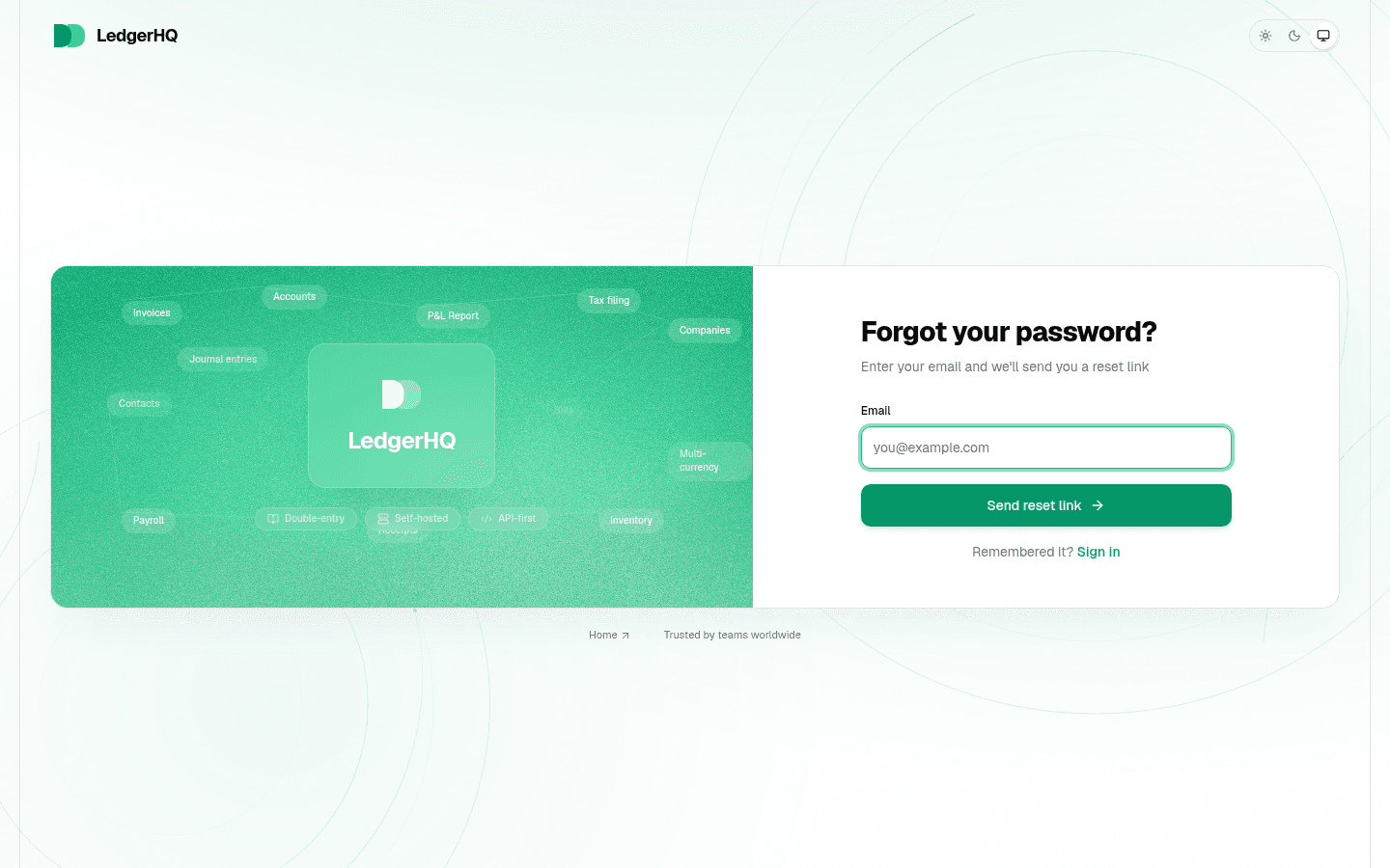 LedgerHQ Forgot your password page with the Send reset link control