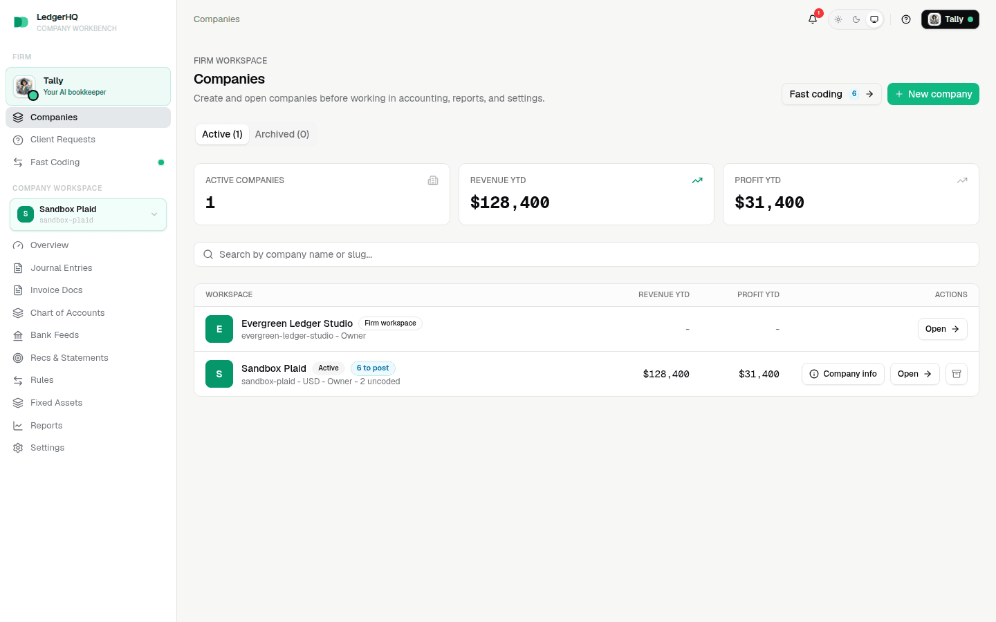 LedgerHQ Companies page after successful firm setup, using fictional demo workspaces