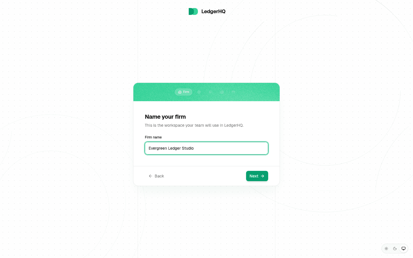 LedgerHQ onboarding at Name your firm with the five setup steps visible