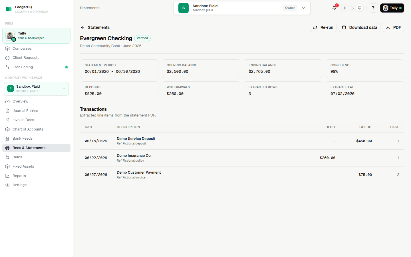 A verified bank statement extraction mapped to an active register