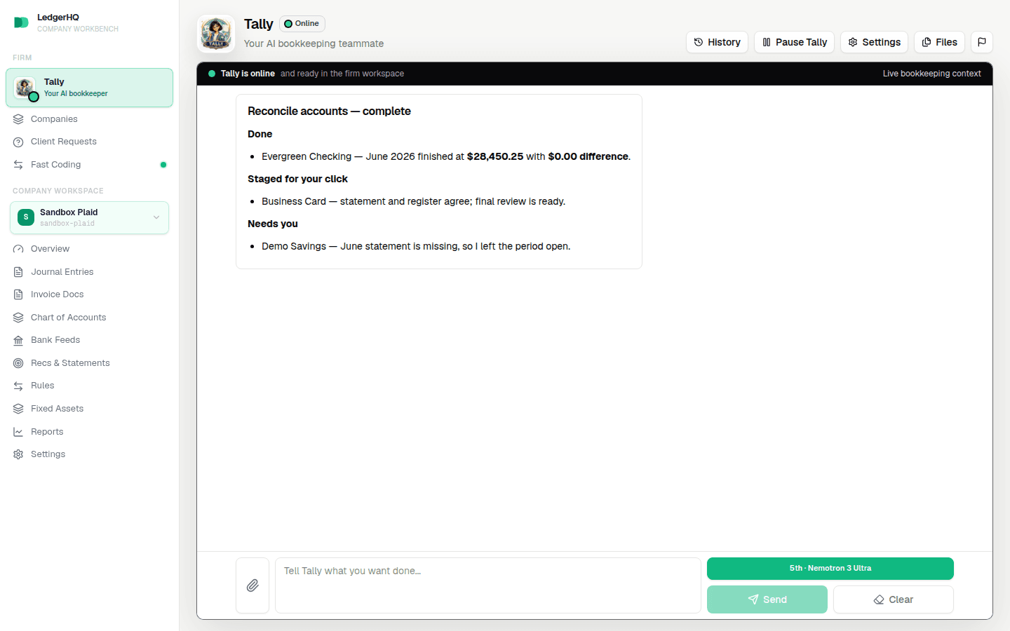 A Reconcile accounts run summary showing Done and Needs you results