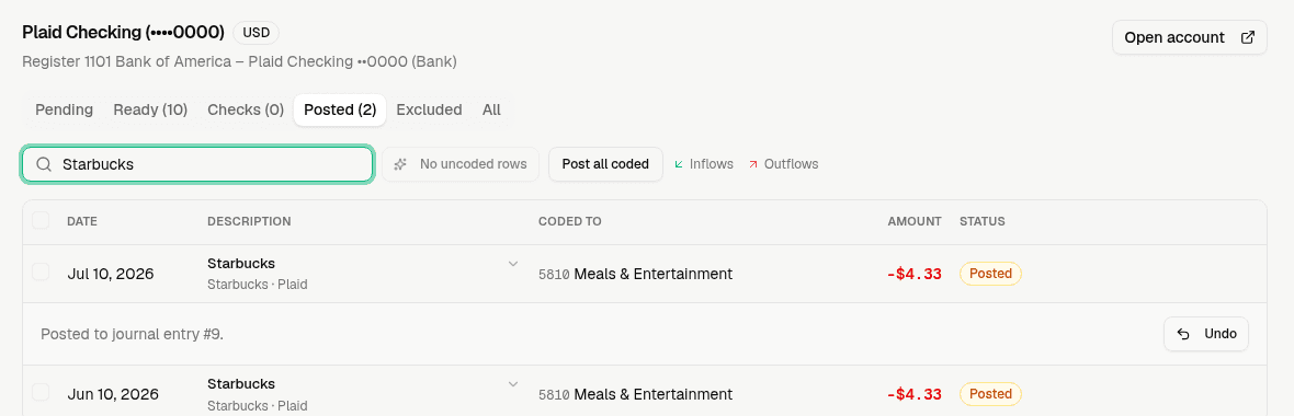 A posted bank transaction expanded to show the Undo button